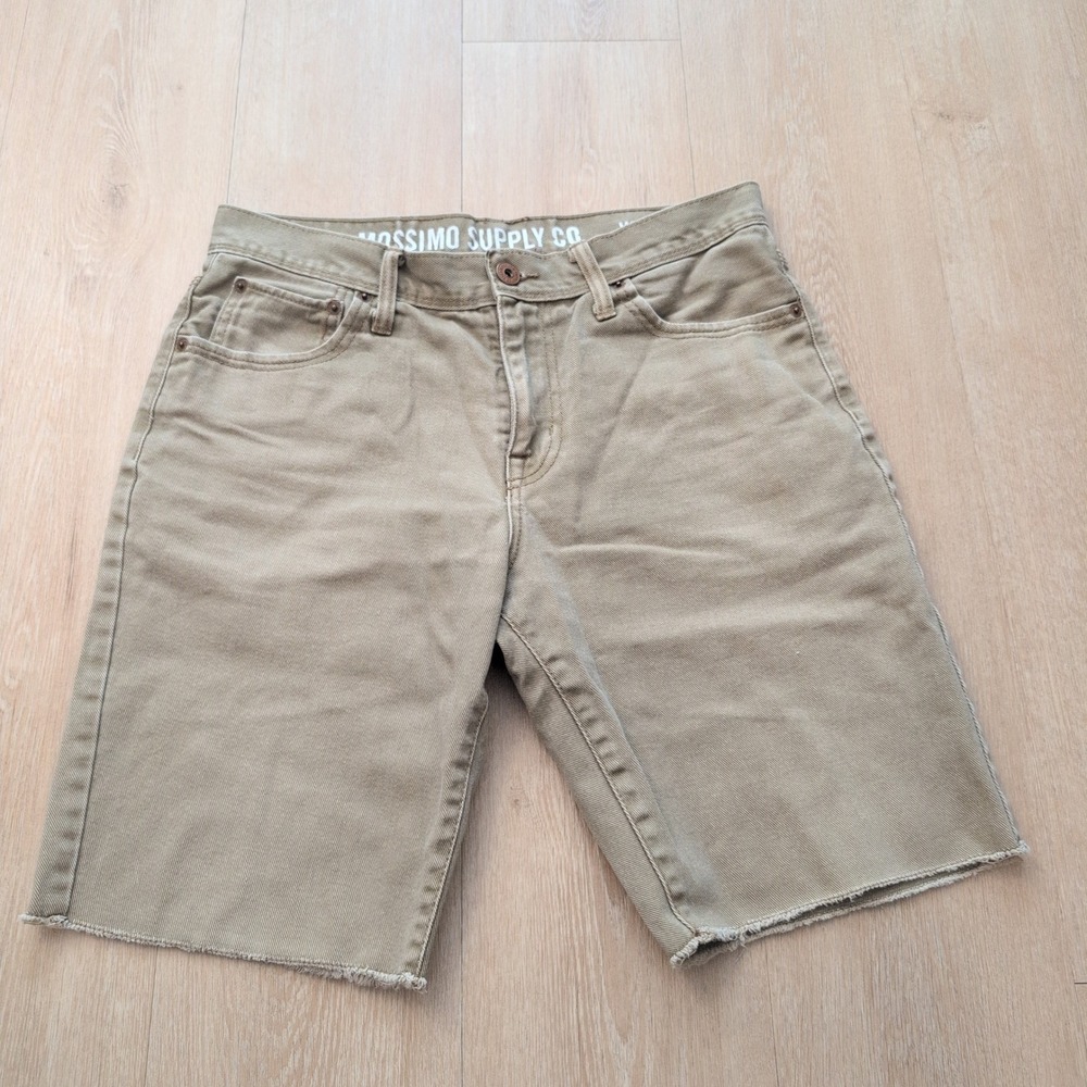 Mossimo Supply Co Mens Tan Khaki Denim Cutoff Shorts Size 32 Raw Hem 100% Cotton